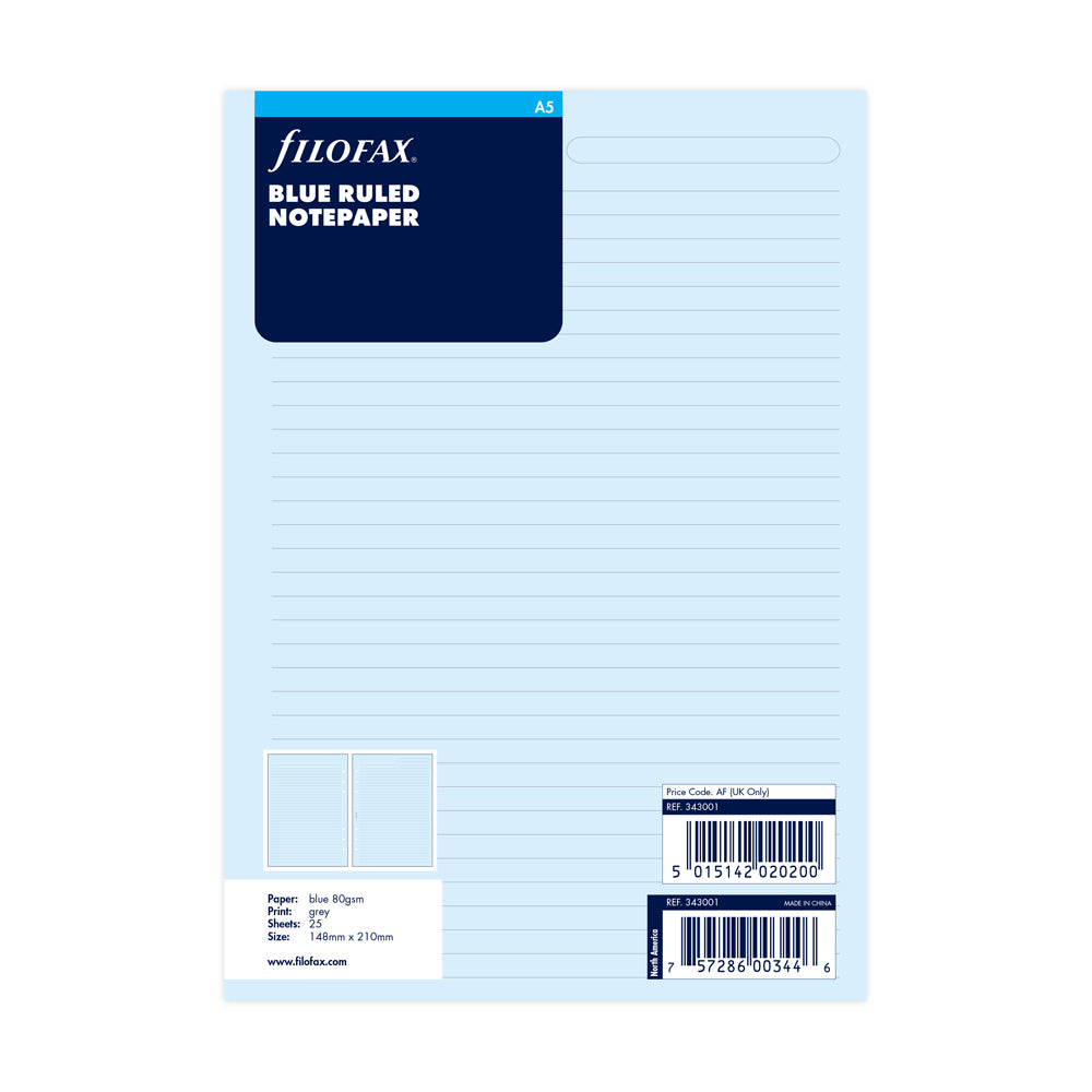 Filofax A5 Blue Lined Notepaper Refill - Cafe Supply