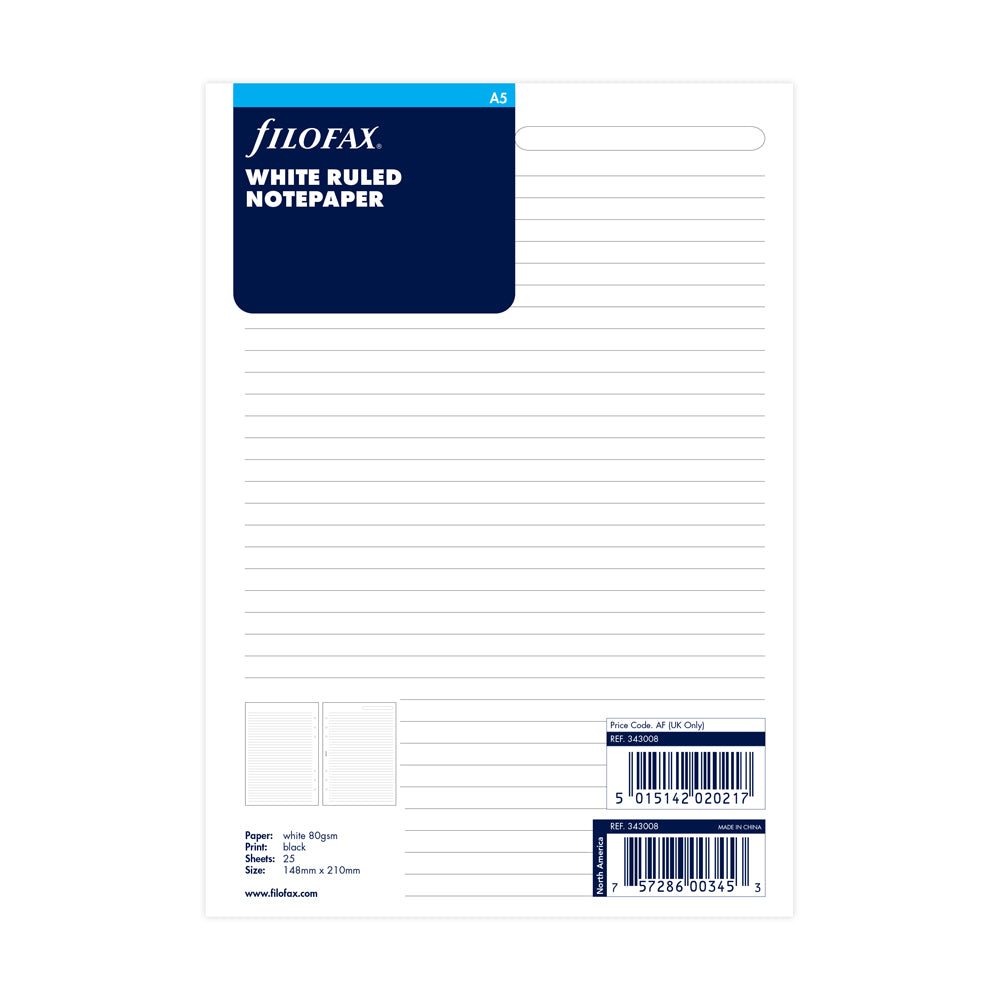 Filofax A5 White Lined Notepaper Refill 25 Sheets - Cafe Supply