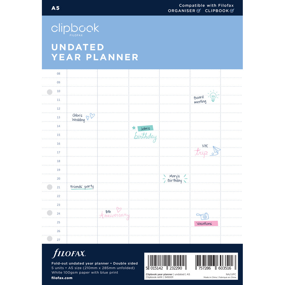 Filofax Undated Clipbook A5 Year Planner Refill - Cafe Supply