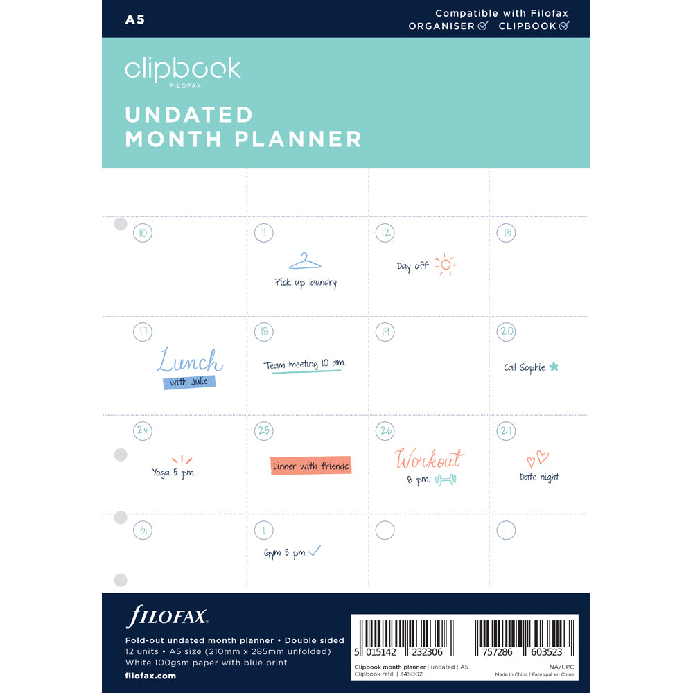 Filofax Undated Clipbook A5 Monthly Planner Refill - Cafe Supply