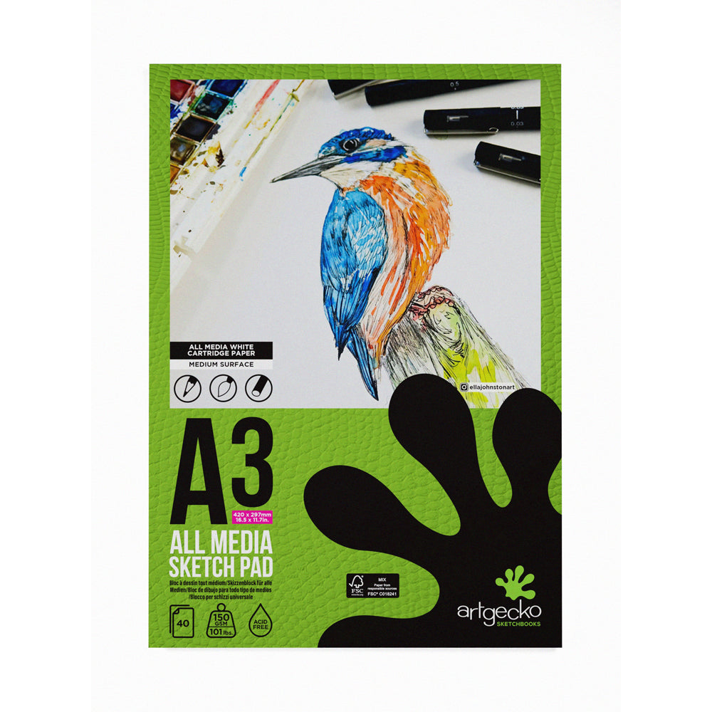 Artgecko Pro All Media Sketchpad A3 40 Sheets 150gsm White Paper - Cafe Supply