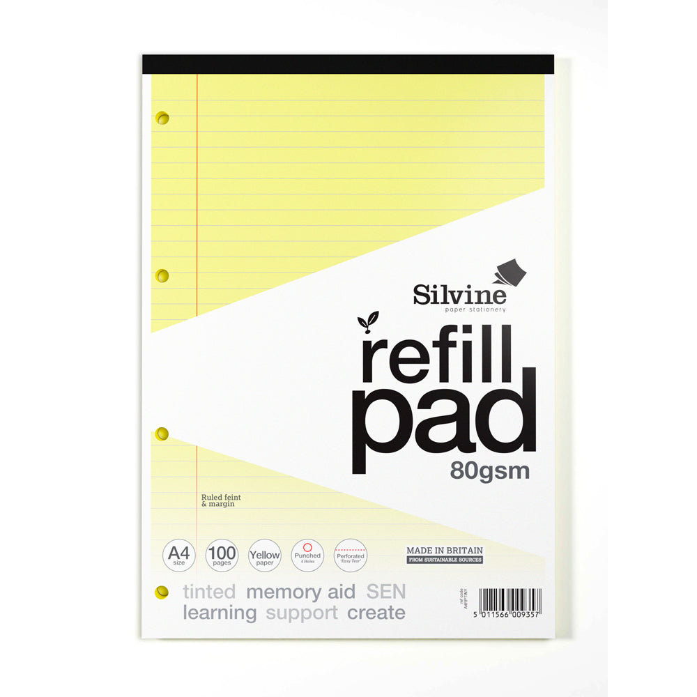 Silvine Tinted Refill Pad A4 8mm Lined with Margin 100 Pages Yellow - Cafe Supply