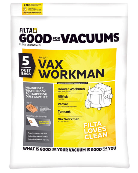 FILTA PACVAC GLIDE, VAX WORKMAN SMS MULTI LAYERED VACUUM CLEANER BAGS 5 PACK (C062) - Cafe Supply