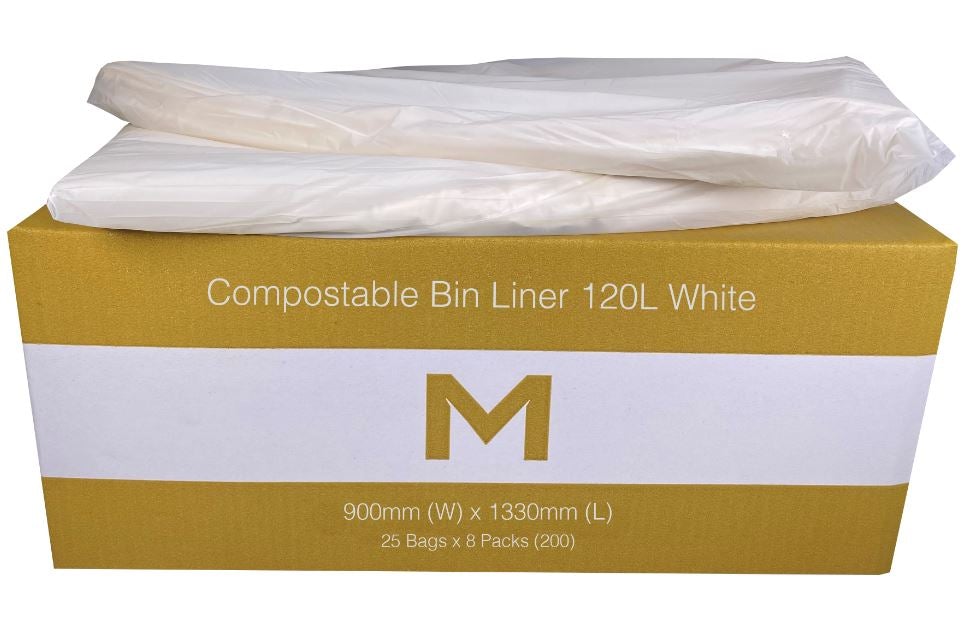 FP Compostable Bin Liner 120L - White, 900mm x 1330mm x 30mu (200) Per Box - Cafe Supply