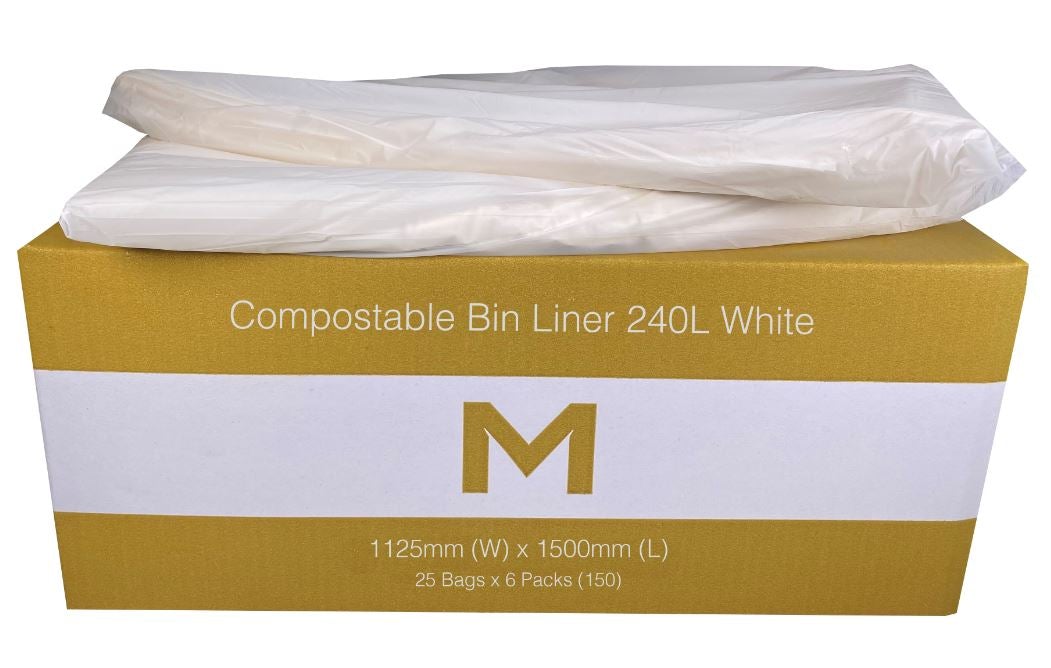 FP Compostable Bin Liner 240L - White, 1125mm x 1500mm x 30mu (150) Per Box - Cafe Supply