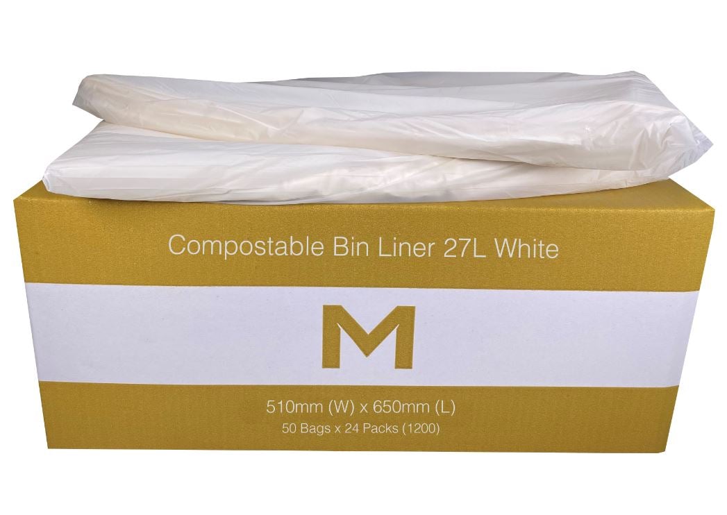 FP Compostable Bin Liner 27L - White, 510mm x 650mm x 20mu (1200) Per Box - Cafe Supply