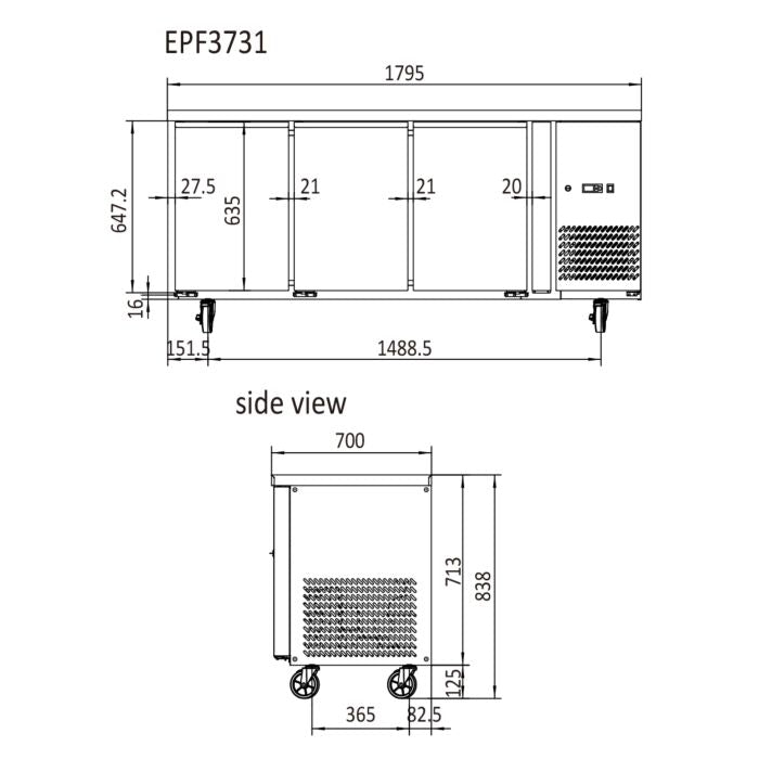 GLASS THREE DOOR COOLING FRIDGE TABLE 1795 MM EPF3731 - Cafe Supply