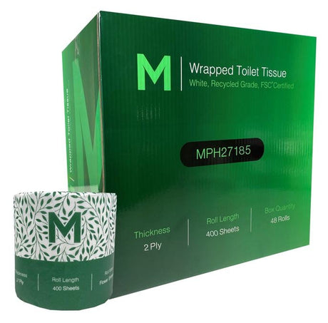 Recycled Wrapped Toilet Tissue - White, 2 Ply, 400 Sheets (48) Per Box - Cafe Supply