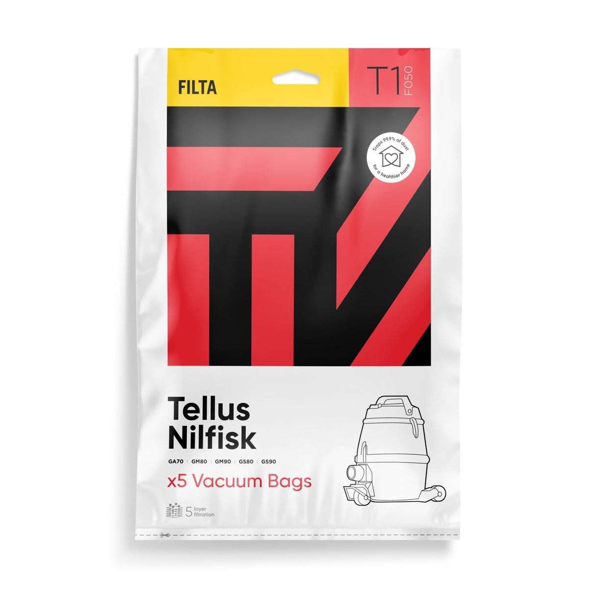 T1 - FILTA TELLUS GM80, GM90 SMS MULTI LAYERED VACUUM CLEANER BAGS 5 PACK (F050) - Cafe Supply