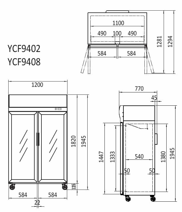 TOP MOUNTED DOUBLE DOOR GLASS FREEZER YCF9408 - Cafe Supply